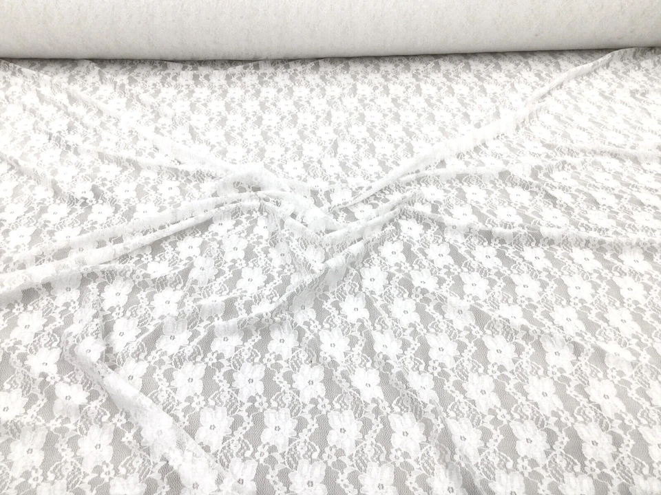 Embroidered Stretch Lace Apparel Fabric Sheer Pearl White Floral OO31 - Image 1 of 1