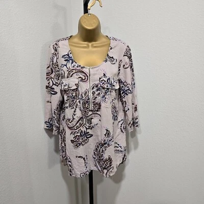 Dana Buchman Paisley Beige Tunic Womens Lge Linen Blend Office Career Front Zip - Image 1 of 4