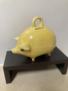 Vintage Painted Ceramic Yellow W Plug Piggy Bank with handle 6" Long - Picture 1 of 13