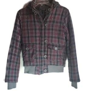 Hurley Jacket Womens Buttons Full Zip Removable Hood Sherpa Lined Plaid M - Picture 1 of 11