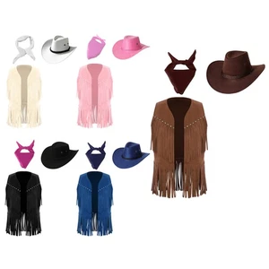 Kids Girl Boy 3Pcs Cowgirl Outfits Waistcoat Matched Drawstring Cowboy Hat Scarf - Photo 1/56