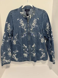 Giacca Vintage Denim & Co Ricamata Floreale Denim Zip Taglia L Cottage Core - Foto 1 di 8