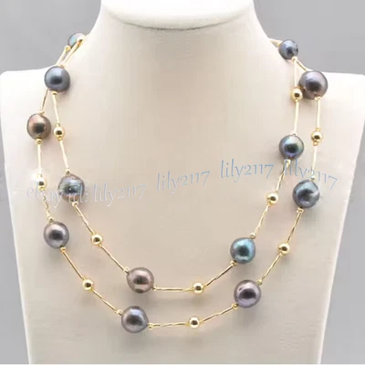 Juego de pendientes collar pulsera perlas Keshi Edison negras naturales del mar del Sur de 12-14 mm Foto 1 de 4