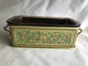 Vintage Pyrex 213 Amber Glass Loaf Pan Casserole w/ Citrus Motif Metal Carrier - Picture 1 of 6