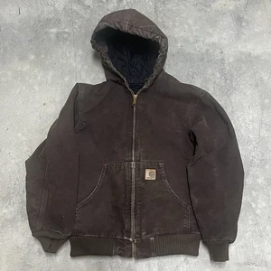 Vintage Carhartt Hooded Jacket Youth Large 10/12 YYJ130 Brown Faded Quilted - Picture 1 of 5