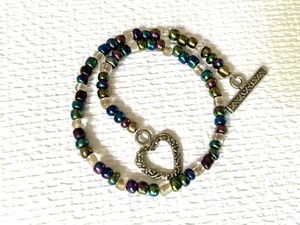 Peacock Iridescent Seed Bead Ankle Bracelet Anklet Toggle Clasp 10” Metal Glass - Picture 1 of 6