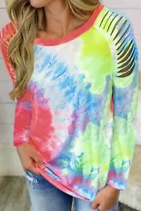 NWT Women Round Neck Tie-dye Hollow Out Long sleeve top Boutique Size L (12-14) - Picture 1 of 2