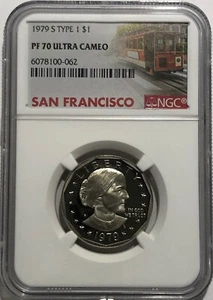 1979 S $1 Type 1 NGC PF70 Ultra Cameo Proof Susan B. Anthony Dollar SBA Trolley - Picture 1 of 3