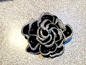 Vtg Joan Rivers Black Enamel  Crystal Large Gardenia Flower Brooch  - Picture 1 of 5