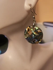 Abalone Shell Disc 925 Sterling Silver Dangle Earrings 1.5 " - Picture 1 of 9