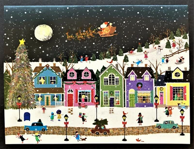 GALISON SET 4 Santa In Flying Sleigh Christmas Cards Joy Laforme Town Village Folk Art