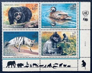 UNITED NATIONS ENDANGERED SPECIES BLOCK OF 4 STAMPS 2001 MNH ANIMALS BEAR DUCK - Picture 1 of 1