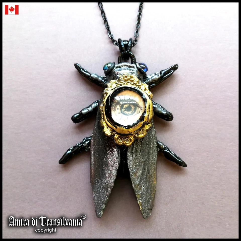 Cicada Jewelry Amulet Pendant Necklace Handmade Carved Vintage Revival Insect - Image 1 of 4