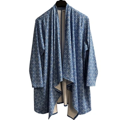 Lands End Cardigan 2X Blue Mixed Floral Jersey Knit Open Front Waterfall Long - Image 1 of 4