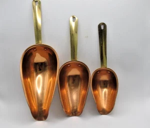 Vtg Copper Measuring Nesting Scoop Set Of 3 Piece W/ Brass Handles 2/3/7 Oz - Picture 1 of 9
