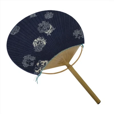 Abanico de tela japonés Uchiwa de colección bambú redondo fondo de papel flor de temporada azul U137 Foto 1 de 4