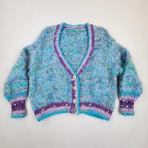 Vintage 80s 90s Handknit Fuzzy Mohair Cardigan Funky Sweater M L - Picture 1 of 12