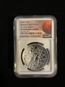2020 P BASKETBALL HOF Silver 1$ NGC PF70 FIRST DAY OF ISSUE - Picture 1 of 4