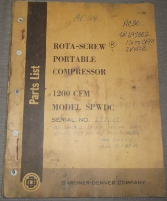 GARDNER DENVER SPWDC 1200 КУБ. ФУТОВ/МИН ПОРТОВЫЙ ВИНТОВОЙ КОМПРЕССОР ДЕТАЛИ РУКОВОДСТВО КНИГА КАТАЛОГ - Изображение 1 из 4