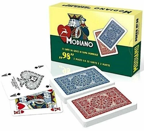 Carte Poker Modiano Cofanetto 2 Mazzi 98 Carte Plastificate Dorsi Blu e Rosso - Immagine 1 di 1