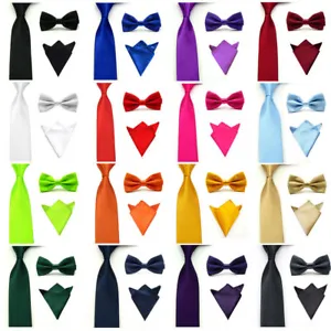 Men Satin Solid Necktie Bowtie Pocket Square Set Bow Tie Handkerchief Tie Lot - Picture 1 of 22
