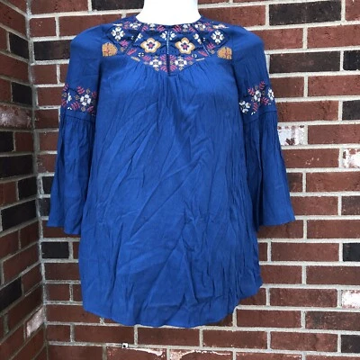 blue rain xxs lined blue embroidered dress Bell Sleeve Rayon Polyester 119 - Image 1 of 4