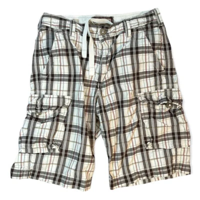 Express Men's SIZE 30 Cargo Shorts Zipper Drawstring Plaid White, Gray  VINTAGE - Image 1 of 4