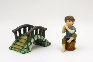 Miniature Figurine Set – Vintage Boy Playing Flute & Rustic Stone Bridge – Hand- - Picture 1 of 2