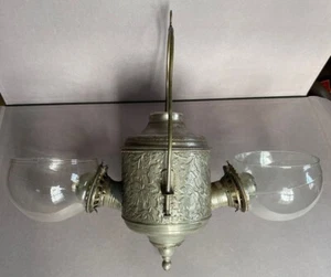 double Angle Lamp Company nickel-plated light w/2 original clear shade basins - Picture 1 of 17
