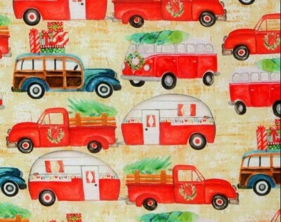 15" FABRIC REMNANT  HOLIDAY RED TRUCK CHRISTMAS TRAVEL CAMPER TRAILER RV  COTTON - Image 1 of 4