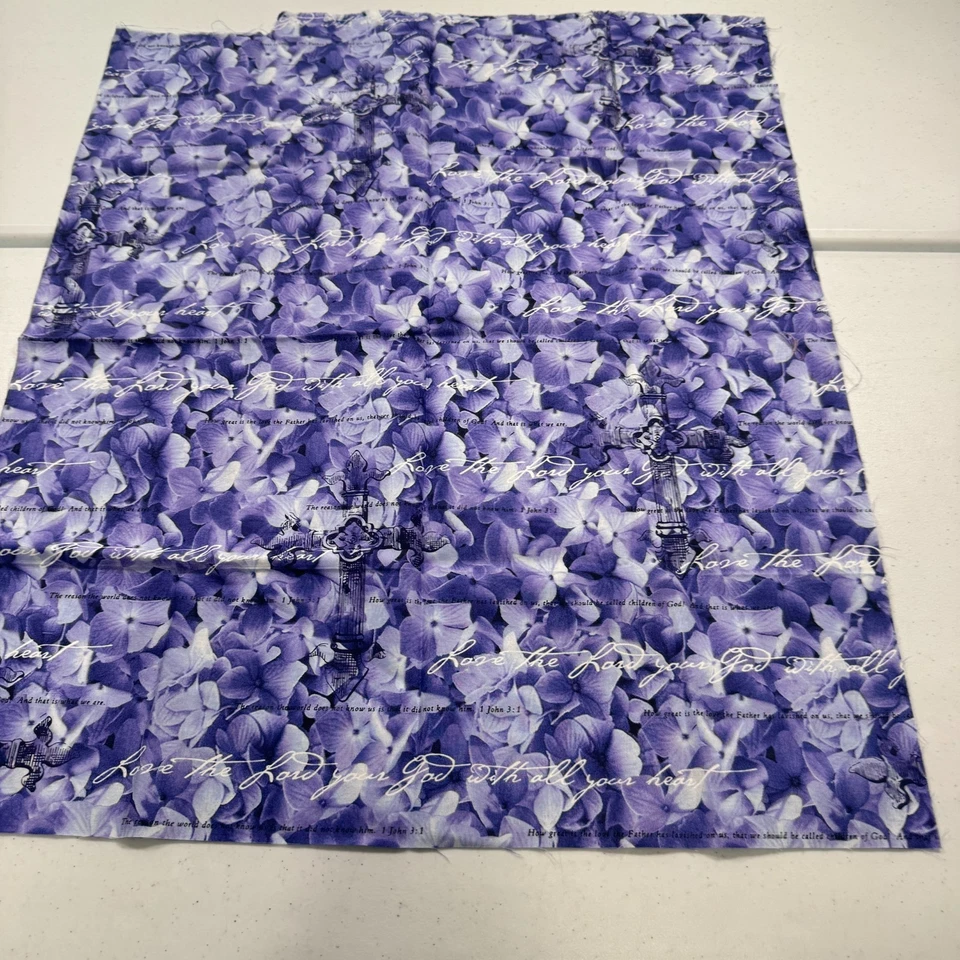 fabric quilting cotton purple floral gospel 1 john 1:3 48x27 - Image 1 of 4