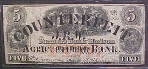 1864 $5 "Farmers Bank of Hudson, NY" Obsolete Note - Picture 1 of 2