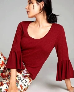 Anthropologie Smocked Bell Sleeve Blouse Burgundy Wine Women's Size L - Picture 1 of 15