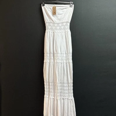 Blanco White Cotton Strapless Maxi Dress L Peru Boho Crochet Lace Summer Beach - Image 1 of 4