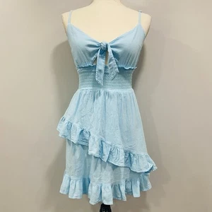BLANCO NWT S Sky Blue Tie Front Mini Gauze Cotton Smocked Ruffle Sundress Peru - Picture 1 of 19