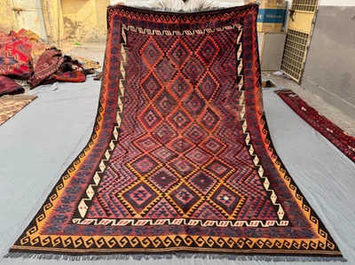 6x10 Afghan Tribal Kilim – Vintage Diamond Geometric in Red, Blue & Burnt Orange - Image 1 of 2
