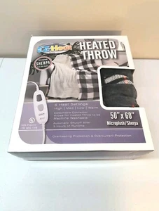 Heated Throw Blanket 50"×60" NWT EZ-Heat Sherpa Grey Plaid 4 Settings Microplush - Picture 1 of 8