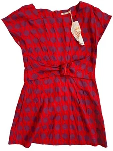 NWT Tulle Los Angeles Womens Red Print Belts Short Dress Large 100% Cotton - Picture 1 of 9