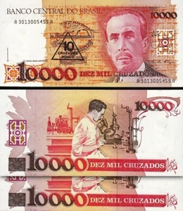 Brazil 10 Cruzados novos 10000 Cruzados 1989, UNC, 2 Pcs Consecutive PAIR,P-218a - Picture 1 of 4