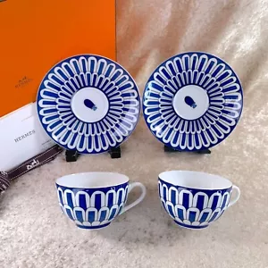 Hermes Bleus d'Ailleurs Tea Cup & Saucer 2 Sets Blue Porcelain Tableware w/ Box - Picture 1 of 15