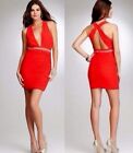 NWT BEBE top Dress Red deep v Jeweled Ruched open back crystal waist L Large