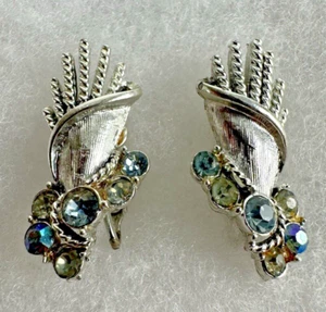 Coro Aurora Borealis Silberfarbene Korbweizen Clip On Ohrringe MCM Vintage - Bild 1 von 3