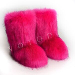 Women Warm Fur Boots Winter Plush Faux Fur Snow Boots Furry Outdoor SlipOn Shoes