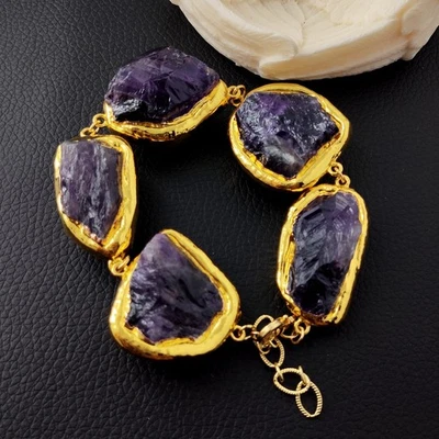 Brazalete de piedras preciosas irregulares crudas amatista púrpura profundo real curación Foto 1 de 4