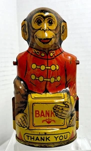 Vintage 1930's  J. Chein & Co. Mechanical Tin Lithographed Monkey Bank Toy - Picture 1 of 11