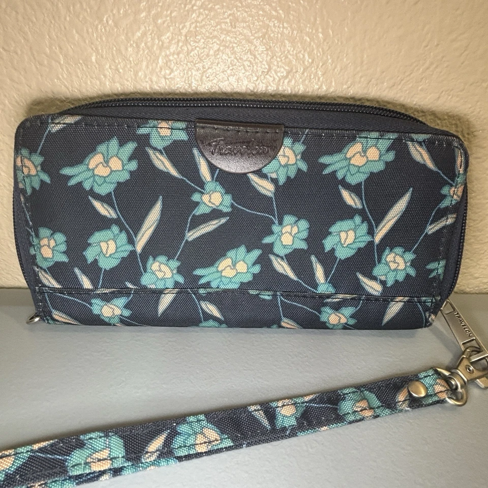 Carteira Travelon pulseira azul preta floral com zíper cartão de identificação armazenamento RFID bloco espaçoso - Imagem 1 de 4