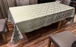 Jacquard Cotton Blend Dark Olive Green Heavyweight 57 x108 Tablecloth No Stains - Picture 1 of 5