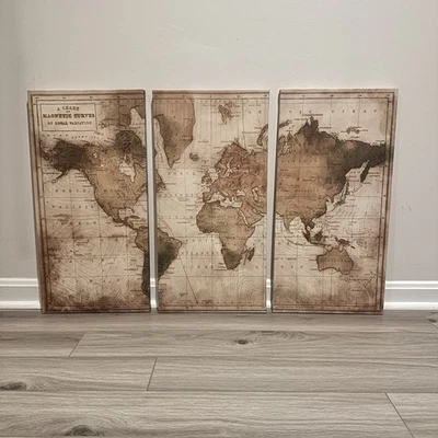3 Piece WORLD MAP Stretched Canvas Print Wall Art Magnetic Curves 12 x 24 - Image 1 of 4