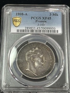 SASA 1908-A Prussia Germany 3 Silver Mark Pcgs Xf45 - Picture 1 of 5