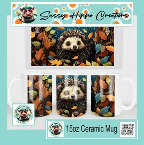 Taza de café de cerámica linda erizo hojas de otoño temporada de otoño 15 oz sublimada a mano - Imagen 1 de 4
